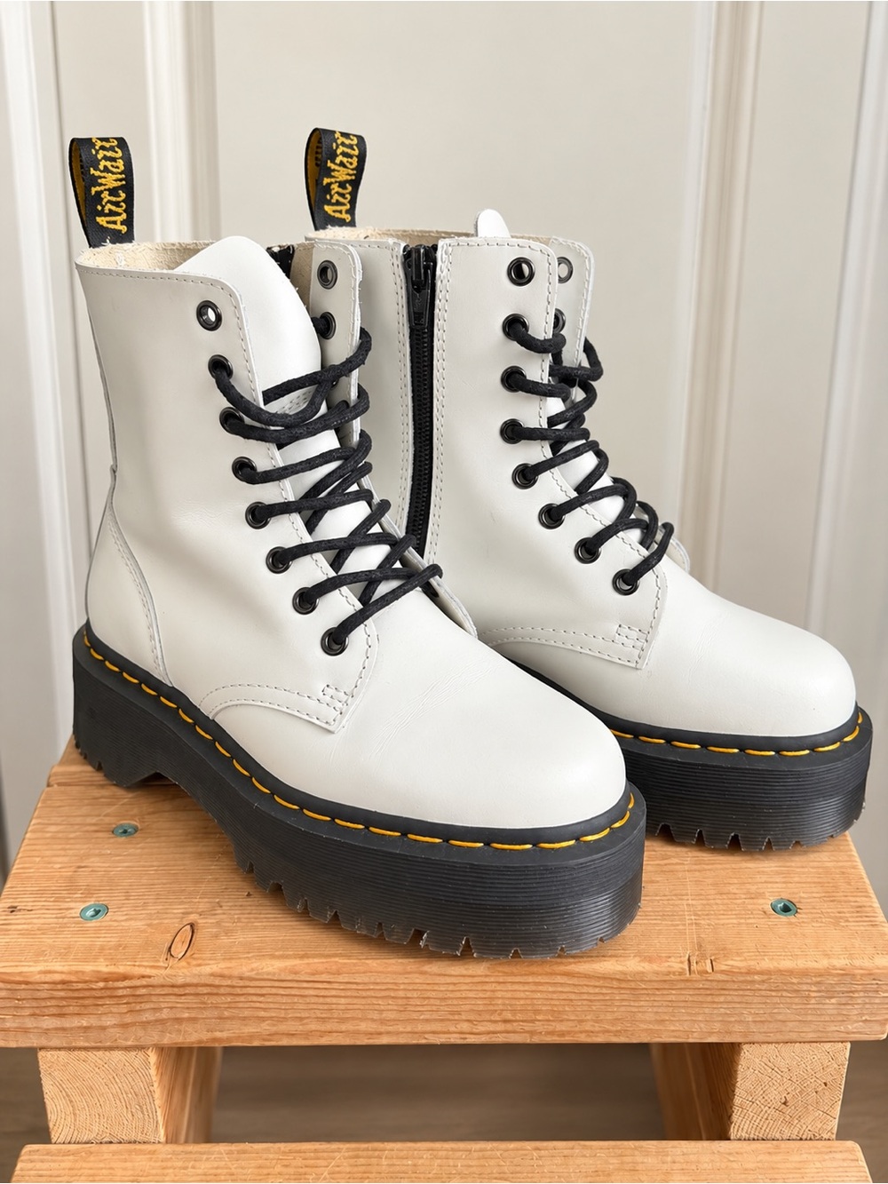 Dr. Martens White Platform Combat Boots with Black Laces